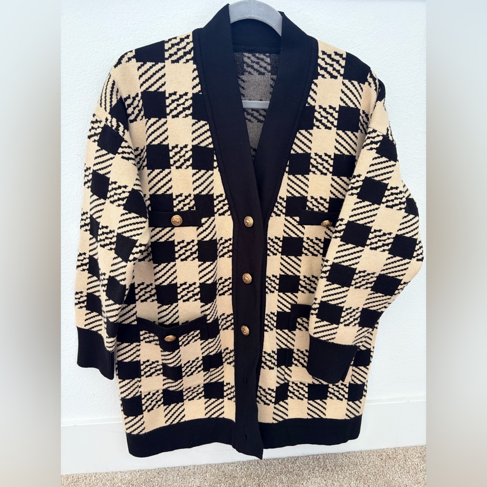 Checked Oversized Plaid Cardigan Wool-blended Tan Gold Black